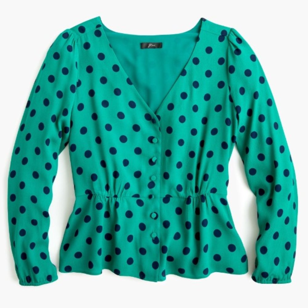 J. Crew Teal Green Polka Dot Button-Front Blouse